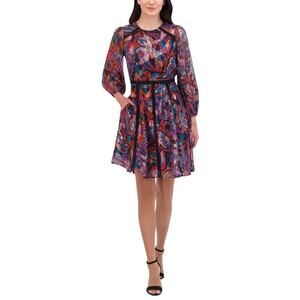 Vince Camuto Chiffon Printed Metallic Long Sleeve Mini Dress Pink Red 6